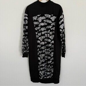 NWT ASOS Sequin Animal Print Oversized Sweatshirt Dress Black and Silver, Size 0